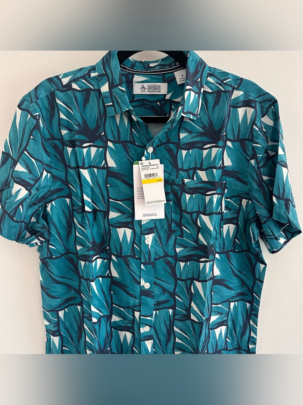Original Penguin Men's EcoVero Agave Tiles Print Shirt Blue Medium NEW